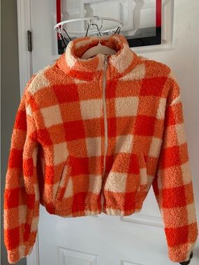 Active Basic Orange & Cream Checkered Sherpa Zip-Up